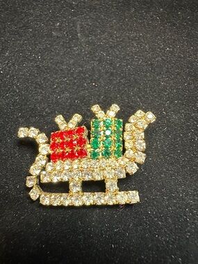 Vintage Gold Tone Green and Red Rhinestone Sleigh Brooch